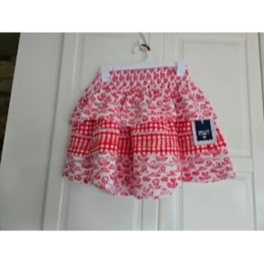 Roller Rabbit Skirt Red Floral Ruffle Skater Elastic Waist Cotton Womens XS -NEW - Picture 1 of 4